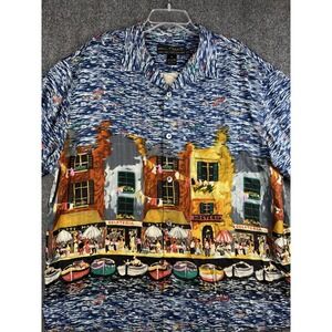Vintage Guy Buffet Venice Art Scene Silk Men's Short Sleeve Button Up Size XL